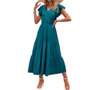 Zeagoo Abito estivo da donna, scollo a V, maniche corte, maxi abito casual, linea A, abito da spiaggia, tinta unita, per il tempo libero, blu-verde, XL