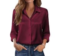 Zeagoo Camicette Raso Donna Casual Manica Lunga Bottoni Camicette Seta Elegante Affari Lavoro Tunica Top, rosso vivo, M