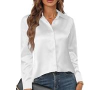 Zeagoo Camicia da Donna in Raso di Seta Camicetta Elegante Bluse Scollo a V Camicia a Maniche Lunghe Button Down a Tinta Unita Shirts Classico Tops Bianco L