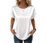 Zeagoo Camicia da Donna in Raso di Seta Camicetta Elegante Tunica Maniche Corte Girocollo Casual Estate Tops Tinta Unita Classico Camicie Bianco XL