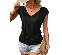 Zeagoo Canotta da Donna Top Estivi Casual Top con Scollo a V Tinta Unita Elegante T-Shirt a Pieghe Camicetta a Tunica Elasticizzata Nera L