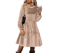 Zeagoo Donna Vestito in Velluto Eleganti Maniche Lunghe Abito Morbido Semplice Invernale Abiti Maniche a Lanterna Collo Rotondo Abito Linea A Lucido Abiti da Festa Champagne XL