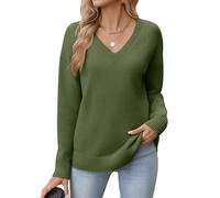 Zeagoo Maglione da donna, elegante, con scollo a V, a maniche lunghe, per autunno, caldo, casual, taglie S-XXL, verde militare, M
