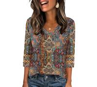 Zeagoo Top estivo da donna con maniche a 3/4, scollo a V, tinta unita, vestibilità larga, con occhielli, taglie S-XXXL, Stile Boho, XXL