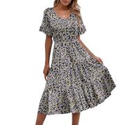 Zeagoo Vestito Donna Casual Estivo Elegante Scollo a V Manica Corta Abito da Spiaggia Floreale Ruffles Midi Abiti con Tasche Nero Cachi XL