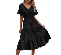 Zeagoo Vestito Donna Estivo Casuale Linea A Scollo a V Manica Corta Elegante Abito da Spiaggia Ruffles Swing Abiti con Tasche Nero XL