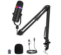 zealsound Microfono USB per Podcast con Braccio, Microfono RGB Gaming con cancellazione del rumore, Mute Rapido e Jack di Monitoraggio, Microfono da Studio per PC/Mac/Phone, Streaming e YouTube