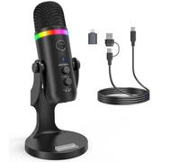 ZealSound Microfono USB RGB per PC, Mac, iPhone e PS5, Plug & Play, microfono per podcast con cancellazione del rumore, con muto, guadagno, eco e monitor, per streaming, registrazione, giochi, YouTube