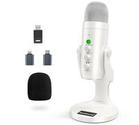 ZealSound Microfono wireless USB per iPhone, PC, iPad, telefoni Android, cordless a condensatore, con monitor muto eco, guadagno volume 2,4 GHz, per podcast, ASMR, giochi, YouTube Video/K66, bianco