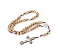 Zeayebsr Collana Rosario Croce cattolica, Perline di Preghiera in Legno Naturale con Croce medaglia Gesù Cristo San Benedetto, per i cristiani cattolici Comunione Religiosa, Battesimo, Messa, Bibbia