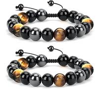 Zeaying 2 Pezzi Bracciale Bangle Nero Tigre Occhio di Tigre, 10MM Bracciali ossidiana con tripla protezione, Bracciale tripla protezione occhio di tigre, Naturale Bracciale Regolabile for Men Women