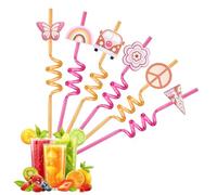 ZEBKEL 6 Cannucce Riutilizzabili in Plastica Design Boho Hippie a Spirale per Feste Compleanno Bambini, Decorazioni Party Anni 70 con Farfalla e Arcobaleno, Cannucce Colorate per Cocktail, 6 Pezzi