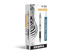 Zebra G-301 Stainless Steel Retractable Gel Pen, Medium Point, 0.7mm, Black Ink, 12-Count