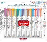 Zebra Pen Mildliner 73315 - Pennarello a doppia punta, inchiostro pigmentato a base d'acqua, punta extra fine e forme assortite, colori assortiti, confezione da 15