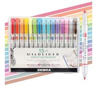 Zebra Pen Mildliner, evidenziatore a doppia punta, punte larghe e sottili, colori assortiti, confezione da 15