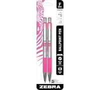 Zebra Pen Penna a sfera retrattile F-301, fusto in acciaio inox con accenti rosa BCA, punta fine, inchiostro nero, confezione da 2