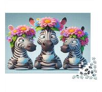Zebras Tea Party Puzzle for Adults Educational: Three Zebras with Flowers 1000 Pieces Suitable for Decompression 52x38cm/1000pcs
