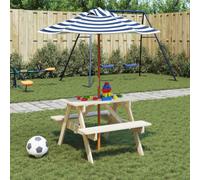 Zeehear Tavolo da picnic per 4 bambini, in legno di abete massiccio con ombrellone blu e bianco, per giardino, terrazza, balcone, esterno, stabile tavolo per bambini con gruppo di sedute e