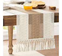 ZeeMart Runner da tavola in stile macramè con cuciture bicolore, 35,6 x 183 cm, marrone/avorio, runner da tavola in stile boho neutro, lunghezza 183 cm, decorazione per la casa