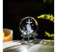 ZEERSHEE 60 mm 3D inciso al laser mano che tiene una croce palla di cristallo statuetta con supporto decorazione cristiana da collezione per casa ufficio preghiera regali religiosi per donne