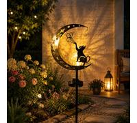 ZeiLaBang Kakadi Lampada solare a forma di luna, da giardino con gatto, luce solare per esterni, in metallo, con picchetto per esterni, terrazza, cortile