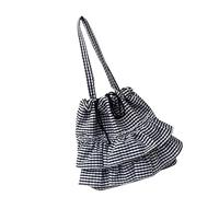 Zeizafa Stylish Ruffle Trim Plaids Canvas Shoulder Bag Spacious Interior Casul Underarm Purse for Students and Professional Ruffle Trim Shoulder Bag, nero
