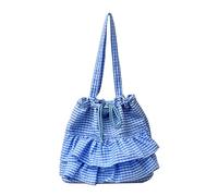 Zeizafa Stylish Ruffle Trim Plaids Canvas Shoulder Bag Spacious Interior Casul Underarm Purse for Students and Professional Ruffle Trim Shoulder Bag, blu