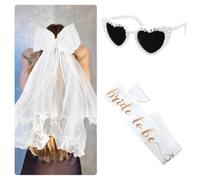 ZEKUN Set di 3 accessori da donna per addio al celibato, colore bianco, fascia con perle a forma di cuore, occhiali da sole, decorazione da donna per addio al celibato, addio al nubilato e fotografia