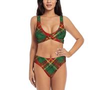 Zelinge Bikini a vita alta set 2 pezzi costume da bagno Twist Front costume da bagno S-2XL, Motivo scozzese natalizio verde, XL