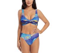 Zelinge Bikini da donna a vita alta, costume da bagno da donna, 2 pezzi, con torsione frontale, S-XXL, Medusa sul lago di notte, M