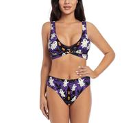 Zelinge Bikini da donna a vita alta, costume da bagno sportivo a 2 pezzi, con torsione frontale, S-XXL, Halloween Viola Nero, S
