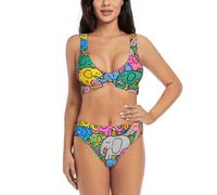 Zelinge Bikini da donna a vita alta, costume da bagno sportivo a 2 pezzi, con torsione frontale, S-XXL, Elefante Colorato Grunge, L
