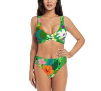 Zelinge Bikini da donna a vita alta, costume da bagno sportivo a 2 pezzi, con torsione frontale, S-XXL, Colorato Floreale Verde Viola, S