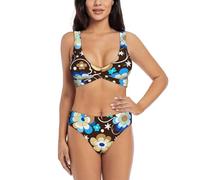 Zelinge Bikini da donna, estivo, a vita alta, taglie S-2XL, Blu Marrone Floreale, XL