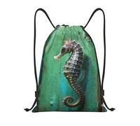 Zelinge Borsa da bagno con coulisse per la spiaggia, Modello di bordo verde acqua cavalluccio marino, 14 x 16.9 inch, Zaini Daypack