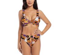 Zelinge Cartoon Tank Bikini Top con Vita Alta Fondo 2 Pezzi Costume Da Bagno A Vita Alta Costumi Da Bagno S-2XL, Cartone animato Halloween Arancione Viola, L