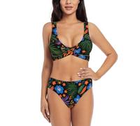 Zelinge Costume da bagno a 2 pezzi con parte anteriore avvolgente e parte inferiore a vita alta, costume da bagno con intreccio frontale, S-XXL, Giungla Tropicale Nero, XX-Large