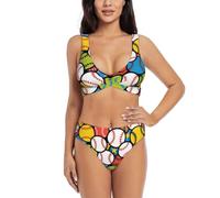 Zelinge Top bikini avvolgente anteriore e fondo a vita alta 2 pezzi costume da bagno a vita alta costumi da bagno S-2XL, Palline da baseball colorate, L