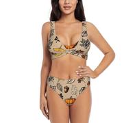 Zelinge Top bikini avvolgente anteriore e fondo a vita alta da donna 2 pezzi costumi da bagno costumi da bagno S-2XL, Zucche vintage foglie autunnali beige, L