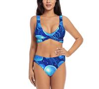 Zelinge Top bikini avvolgente e fondo a vita alta 2 pezzi costume da bagno a vita alta costumi da bagno S-XXL, Medusa in Blu Scuro Con Stelle, XL