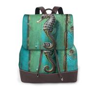 Zelinge Zaino da donna in pelle colorata alla moda per donna borsa da viaggio per donne, Modello di bordo verde acqua cavalluccio marino, Taglia unica, Zaini da viaggio