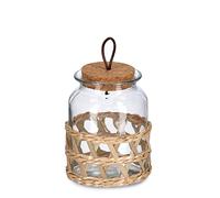 Zeller 19583 - Barattolo Boho con coperchio in sughero, 1000 ml, ca. Ø 12 x 15,5 cm, decorazione da tavolo in paglia in stile marramee, per conservare noci, biscotti