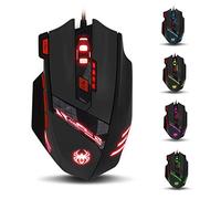 zelotes - Mouse da gioco T90, risoluzione9200 DPI, 8 pulsanti, luci LED multimodali, attacco USB, regolamento del peso, per computer portatile, desktop, PC e MacBook, colore nero