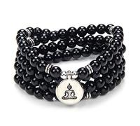 Zen Buddha Collana Mala Preghiera Pietra Perline 108 Bracciale con Yoga Portafortuna per la Meditazione (Agata nera (Black Agate))