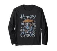 Zen Samurai Cat Harmony in Chaos con cappello di paglia giapponese Maglia a Manica