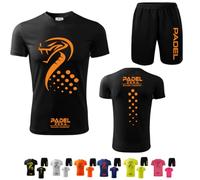 ZENA Kit Completo Padel Uomo composto da Maglia Tecnica Elasticizzata Traspirante Dry Fit e pantaloncini uomo con tasche. Tinta Unita con Disegno Cobra Made in Italy (L, Nero/Arancione)