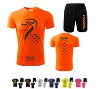 ZENA Kit Completo Padel Uomo composto da Maglia Tecnica Elasticizzata Traspirante Dry Fit e pantaloncini uomo con tasche. Tinta Unita con Disegno Cobra Made in Italy (L, Arancione/Nero)