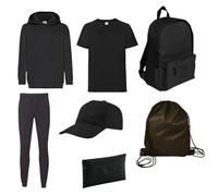 ZENA Set 'Back to School' Completo 7 pezzi: Felpa, T-Shirt, Pantaloni, Zaino, Cappellino, Sacca per Scarpe, Astuccio | Kit scuola per bambino (Nero, 12 ANNI)