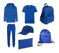 ZENA Set 'Back to School' Completo 7 pezzi: Felpa, T-Shirt, Pantaloni, Zaino, Cappellino, Sacca per Scarpe, Astuccio | Kit scuola per bambino (Blu Royal, 7-8 ANNI)