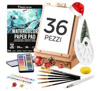 Zenacolor - Kit Acquerelli Professionali - 36 Pezzi Valigetta Cavalletto | Tavolozza 24 Godet Colori · Scatola Legno 2in1 · 6 Pennelli · Blocco Carta · Set Pittura Disegno · Idea Regalo Arte